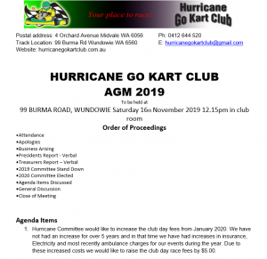 Notice of Hurricane Go Kart Club 2019 AGM